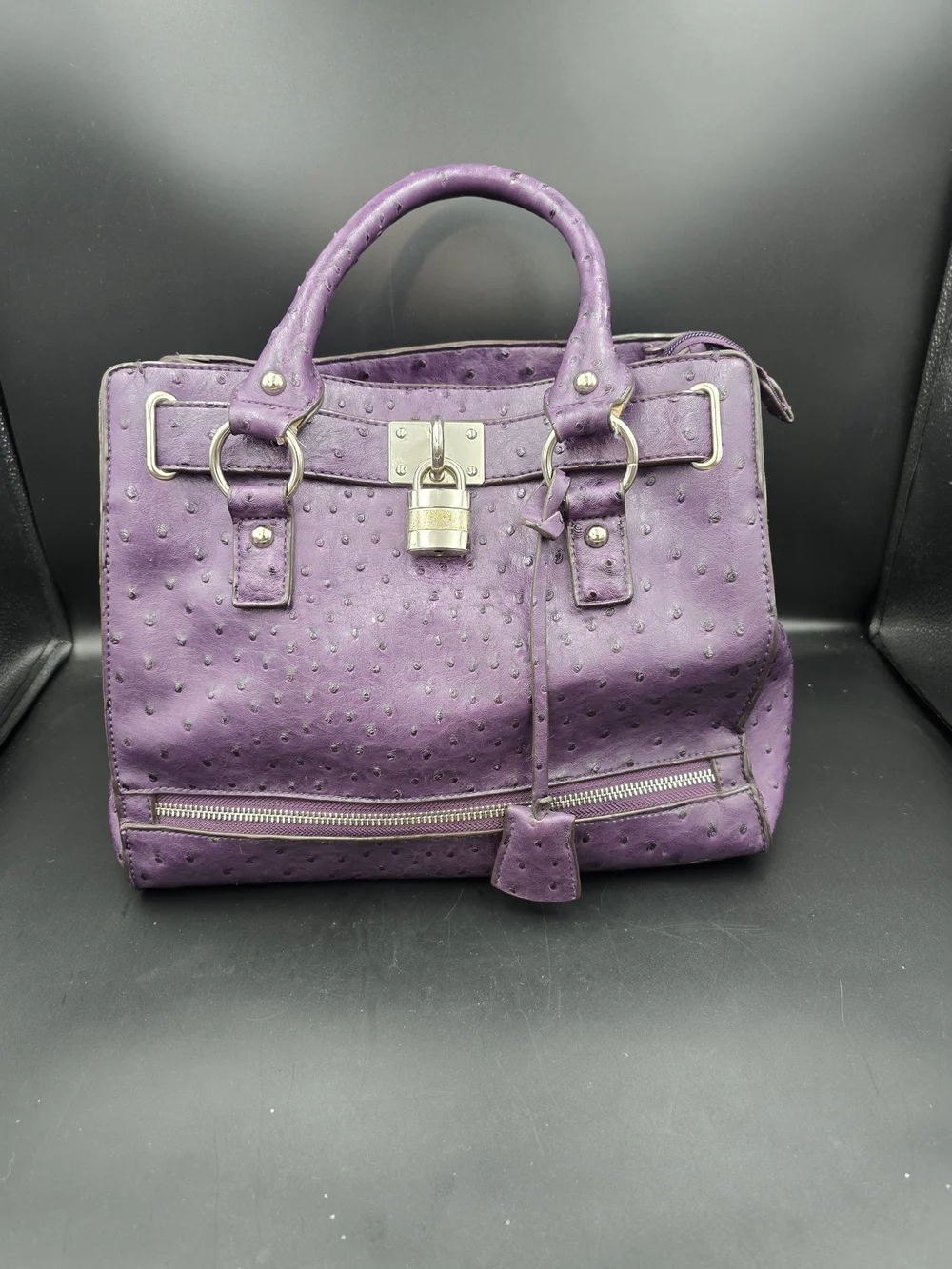 Purple Ostrich-Texture Satchel Handbag with Lock Detail